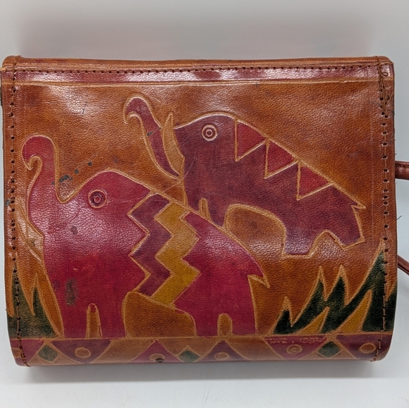Vintage Orange Red Safari Elephant Leather Crossbody Bag Purse - Picture 5 of 14